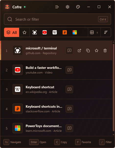 Cofre Windows link library with automatically organized website categories