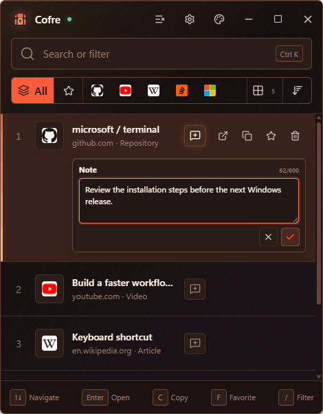 Expanded Cofre note editor attached to a saved GitHub link