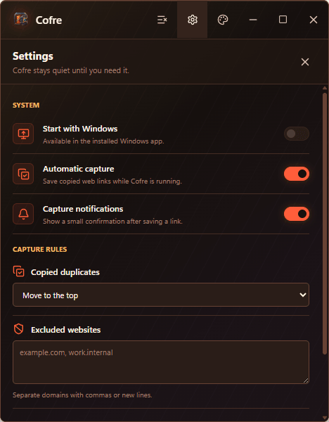 Cofre settings for Windows autostart, capture, notifications, duplicates, and excluded websites