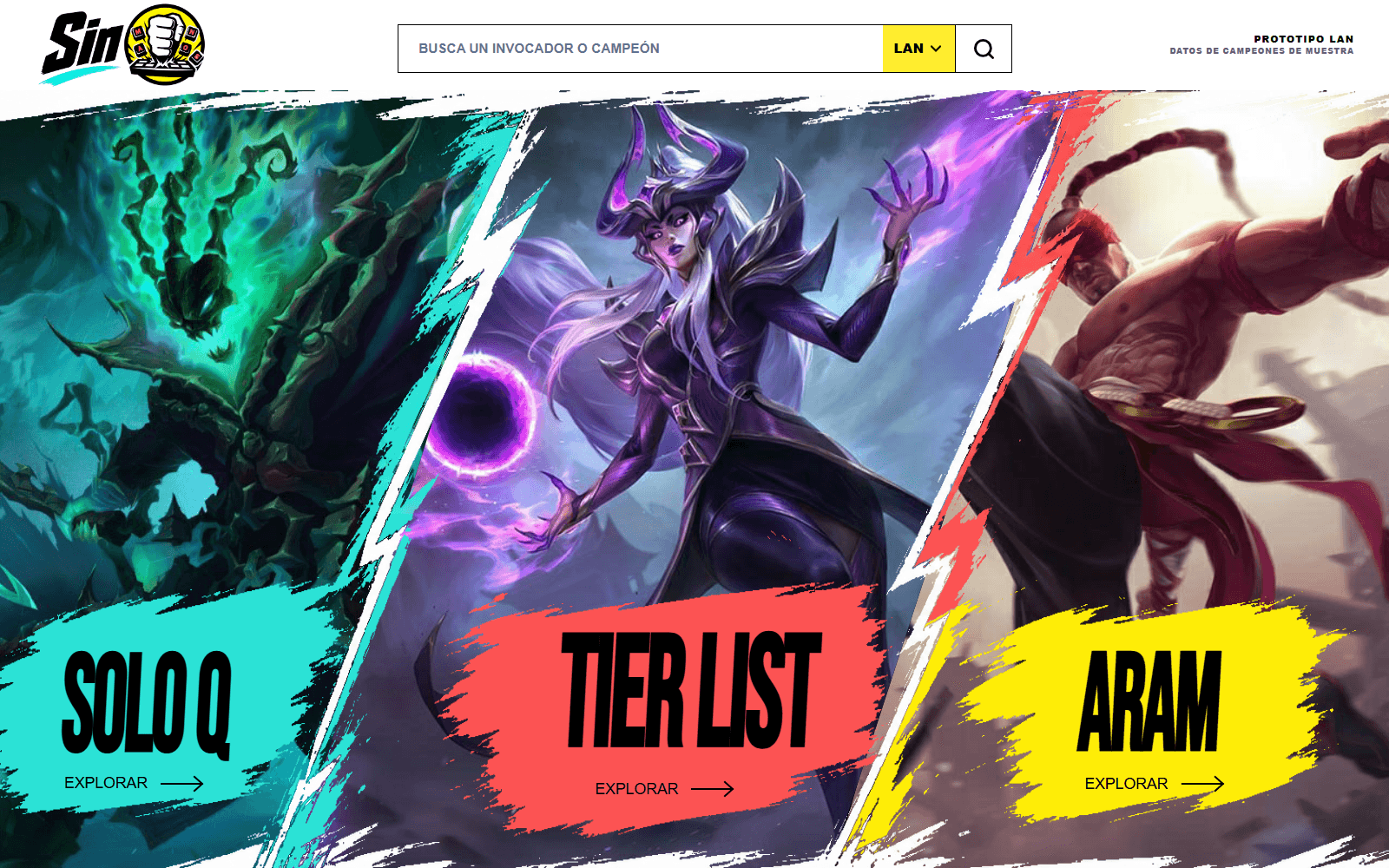 Página inicial de SinManos con accesos a Solo Q, Tier List y ARAM